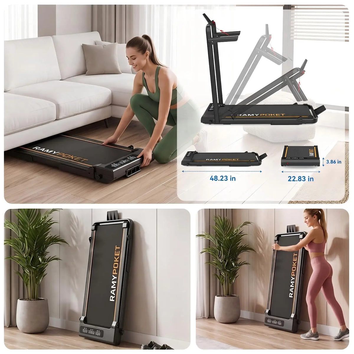 Ramypoket Tapis Roulant Pieghevole con Inclinazione 15%, Tapis Roulant 12Km/H, App/LED, Tapis Roulant da Ufficio, Carico Massimo 150kg