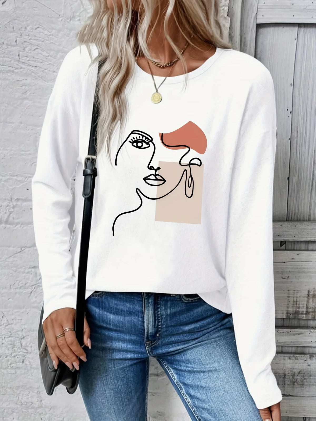T-shirt girocollo stampata con motivo Torre Eiffel Parigi a maniche lunghe comoda moda primavera e autunno 100% cotone da donna