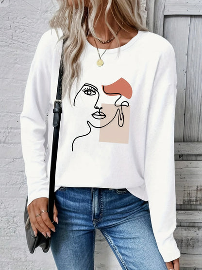 T-shirt girocollo stampata con motivo Torre Eiffel Parigi a maniche lunghe comoda moda primavera e autunno 100% cotone da donna