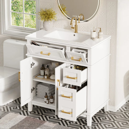 Mobile bagno moderno 76x86x46,5 cm con lavabo in ceramica integrato, mobiletto a cassetti autoportante con ampio spazio contenitivo, dotato di chiusura ammortizzata silenziosa e protezione dal troppo pieno del lavabo, elegant