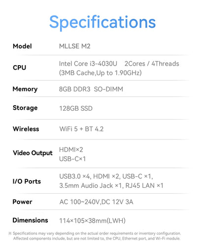 Mini PC MLLSE M2 con Intel Core i3-4030U, 8GB di RAM DDR3, SSD da 128GB, Wi-Fi 5, Bluetooth 4.2, Windows 10 , Mini Computer Desktop