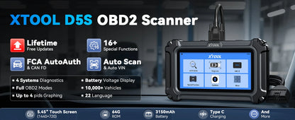 XTOOL D5S Strumenti diagnostici per auto ABS SRS Sistemi di trasmissione del motore Scanner OBD2 16+ servizi Tutte le funzioni Aggiornamento gratuito a vita