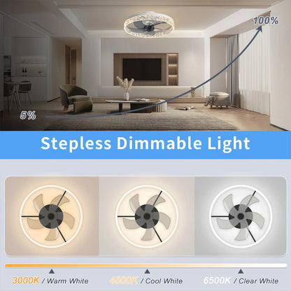 Ventilatore da Soffitto Intelligente con Lampada, Controllo Remoto e App, 6 Livelli di Vento, Dimmerabile, Nero Bianco 50CM, Ventilatore per Raffreddamento Domestico
