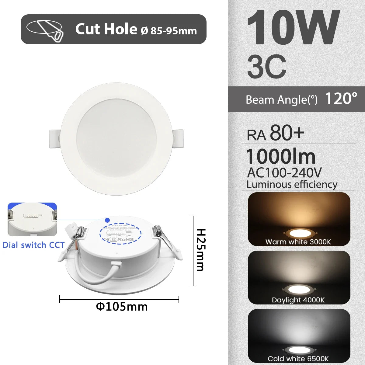 Confezione da 1-10 Faretti LED 3 CCT con Cambio Colore 3000K 4000K 6500K AC 110V 220V, Luce da Soffitto 6W 10W 14W 17W 20W 24W per Casa e Ingresso