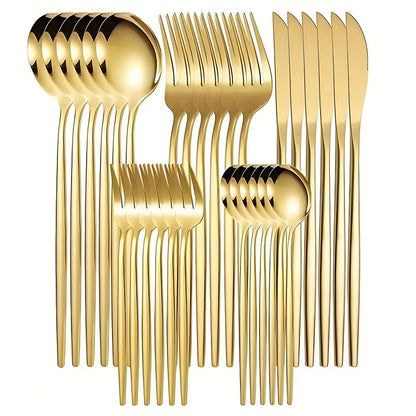Set di posate dorate da 30 pezzi in acciaio inossidabile, coltelli, forchette, cucchiai, set di stoviglie per banchetti, ristoranti e ospiti