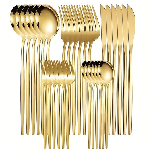 Set di posate dorate da 30 pezzi in acciaio inossidabile, coltelli, forchette, cucchiai, set di stoviglie per banchetti, ristoranti e ospiti