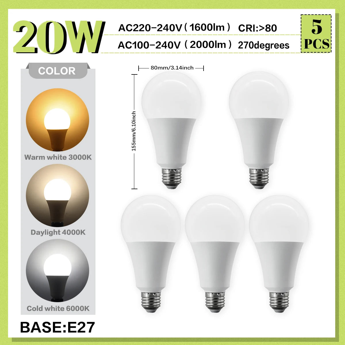 Set di 5 Lampadine LED E27 da 20W, 18W, 15W, 12W, 10W, 9W, 8W, AC220V, Potenza Reale, A60 A80, per Soggiorno e Casa