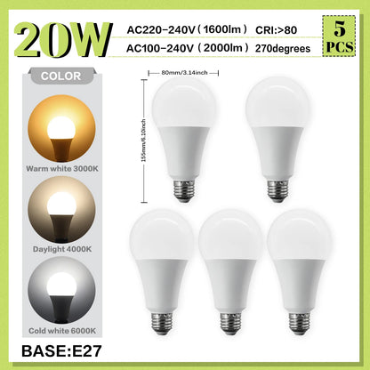 Set di 5 Lampadine LED E27 da 20W, 18W, 15W, 12W, 10W, 9W, 8W, AC220V, Potenza Reale, A60 A80, per Soggiorno e Casa