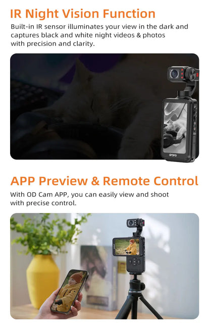 Videocamera tascabile ORDRO M5 5K Action Videocamera Vlog con grande touchscreen per visione notturna IR a infrarossi con telecomando per treppiede SDcard