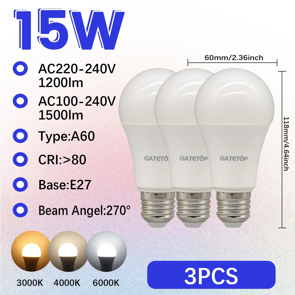 Confezione da 1-10 Lampadine LED 15W 120V 220V 3000K 4000K 6000K Luce Diurna CRI80 Senza Sfarfallio per Illuminazione Domestica Camera da Letto