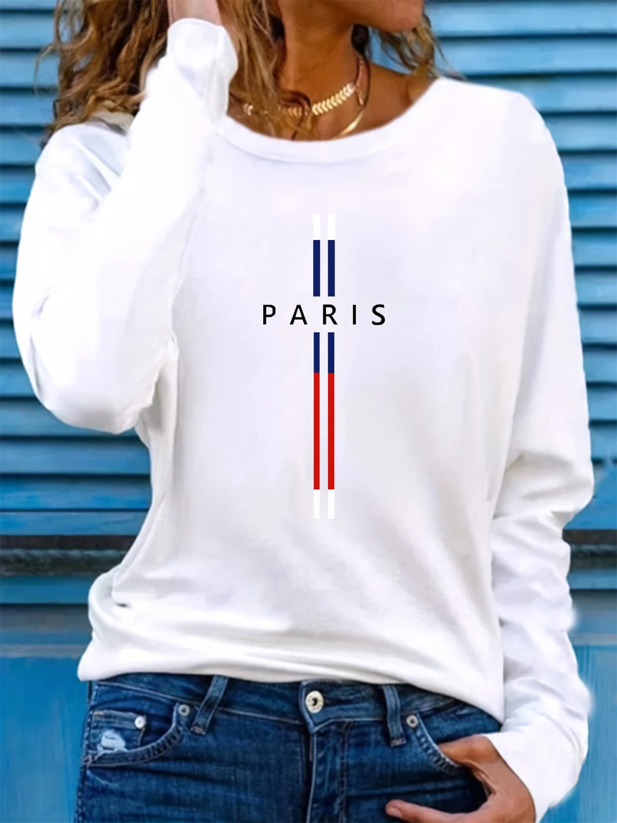 T-shirt da donna in 100% puro cotone, ideale per la primavera e l’autunno, comoda, casual, a maniche lunghe, con stampa grafica a tema parigino e scollo rotondo.
