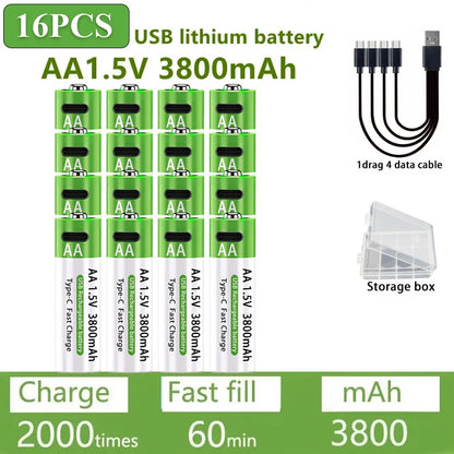 Nuove Batterie al Litio Ricaricabili AA 1.5V 3800mAh + AAA 3000mAh, Ricarica Rapida, 1200 Cicli, con Cavi Gratuiti e Scatola