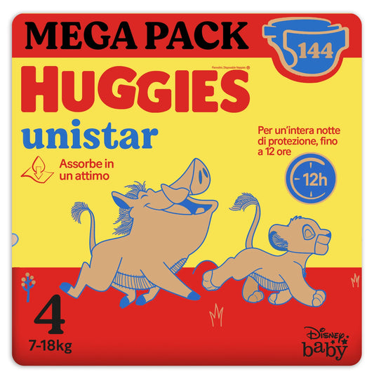 Huggies Unistar Pannolini, Taglia 4 (7-18 Kg), Confezione da 144 pannolini (Megapack)