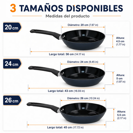 Padella antiaderente in alluminio con esterno blu navy, manico ergonomico, compatibile con fornelli a induzione e a gas, riscaldamento uniforme, 3 misure 20/24/26 cm, facile da pulire per la cucina domestica