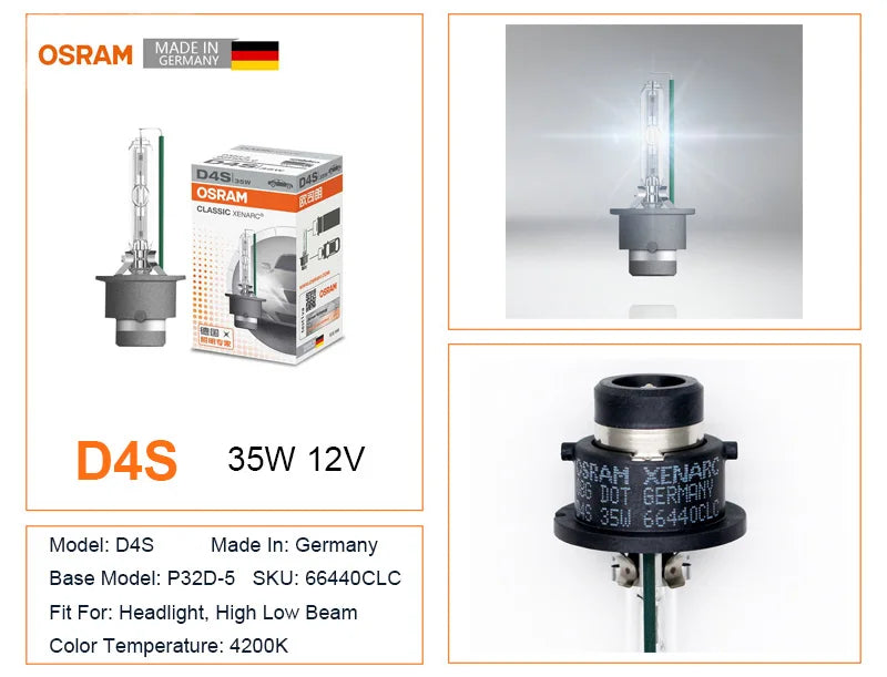 Lampadina OSRAM Xenon Originale D1S D2S D3S D4S 12V 35W per Fari Auto CLASSIC CLC HID 4200K Bianco Standard Germania 1x