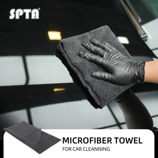 SPTA 1Pc Nero Senza bordi Asciugamano per dettagli automatici 320GSM Panno per pulizia in microfibra a doppio strato per tutti gli usi per autolavaggio