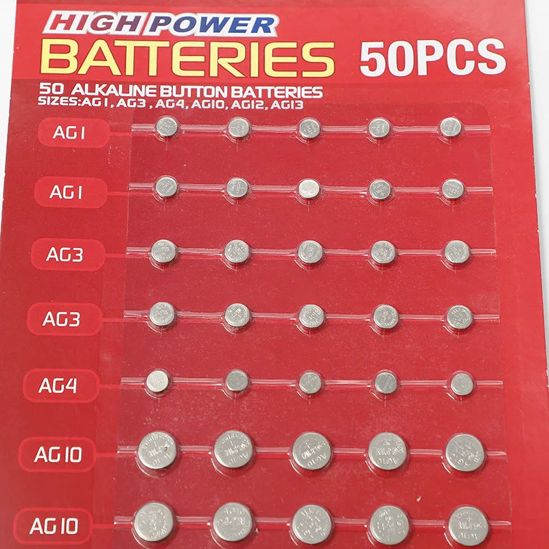50 Pezzi Batterie a Bottone 1.55V AG13 LR44 L AG1 AG3 AG4 AG10 AG12 SR44 A76 LR1154 GP7 per Orologi, Giocattoli e Telecomandi