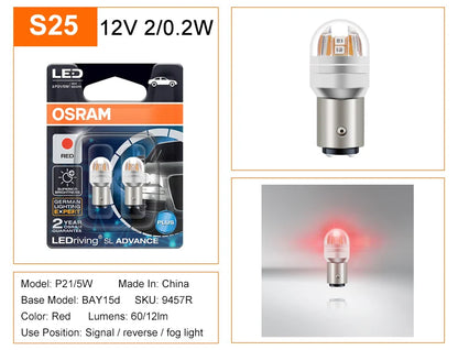 OSRAM Aggiornamento Luce di segnalazione a LED S25 P21W PY21W P21/5W LEDriving SL Advance 1156 1157 LED Lampadina fendinebbia per auto Posizione freno Lampada stop 2X