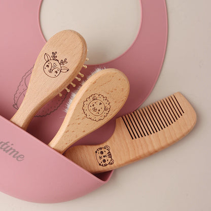Spazzola per Capelli Neonato con Panda Inciso, in Lana Naturale e Legno, con Cuscino d'Aria, Regalo per Neonato