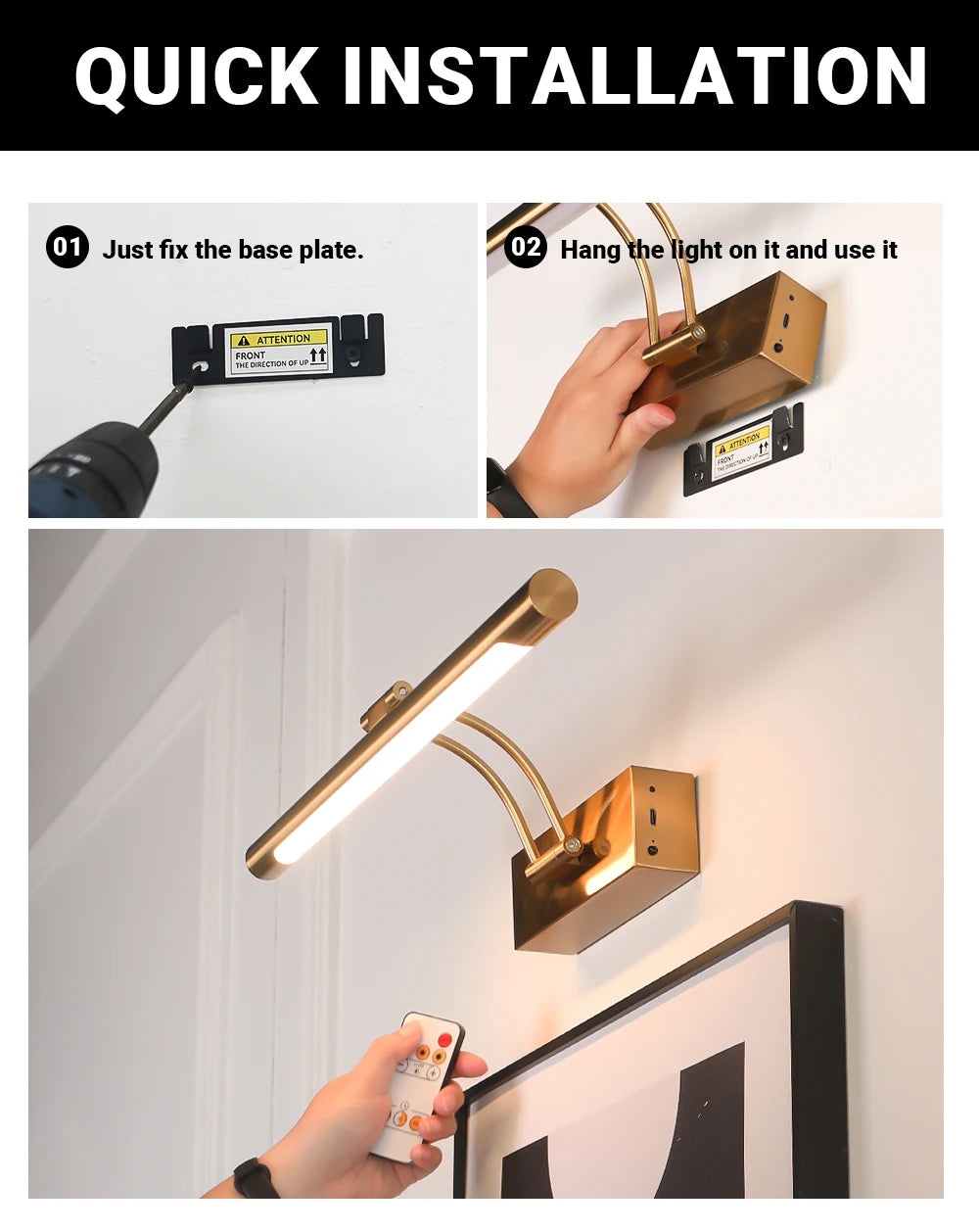SEEDIQ Lampada da parete a LED ricaricabile in bronzo 4400mAh Batteria a lunga durata 40CM Luce per immagini wireless con telecomando per opere d'arte