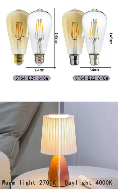 Confezione da 10 lampadine a filamento LED per E27 B22 220V 240V 4W 6W 9W Lampadine a LED bianche calde Lampada in vetro vintage