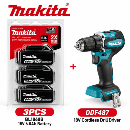 Trapano avvitatore a batteria Makita DDF487 18V LXT, compatto, leggero, con elevata coppia, 20 impostazioni di coppia, luce LED e cambio a 2 velocità.