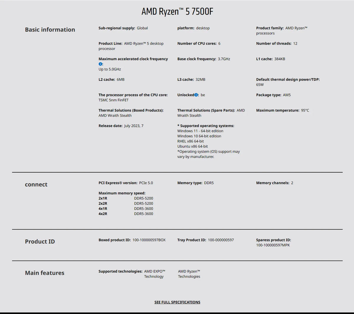 Processore Desktop AMD Ryzen 5 7500F, 6 Core, 5.0GHz, 38MB Cache, Socket AM5 (Dissipatore Non Incluso)
