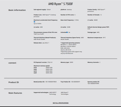 Processore Desktop AMD Ryzen 5 7500F, 6 Core, 5.0GHz, 38MB Cache, Socket AM5 (Dissipatore Non Incluso)
