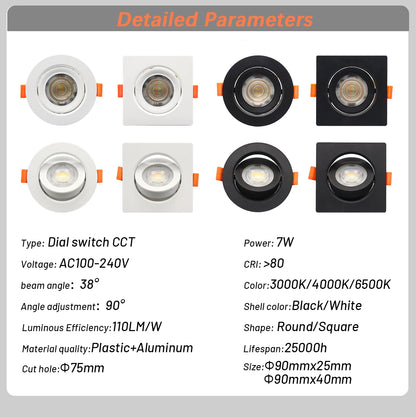 Faretto Orientabile 7W con Regolazione Colore 3000K 4000K 6000K, Illuminazione CCT 7W, Sostituzione Downlight per Illuminazione Direzionale Domestica (1-10 Pezzi)