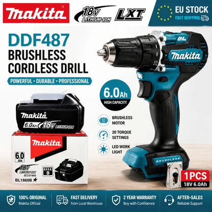 Trapano Avvitatore a Batteria Makita 18V LXT Brushless DDF487 10mm ad Alta Coppia + Batteria BL1860B BL1840 - Spedizione Veloce da Magazzino EU