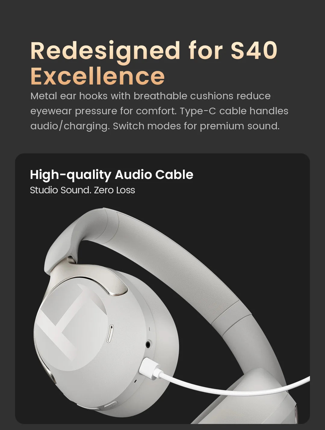 HAYLOU S40 ANC Cuffie wireless Bluetooth 6.0 Audio ad alta risoluzione Cuffie over Ear Auricolari ibridi con cancellazione attiva del rumore da 50 dB