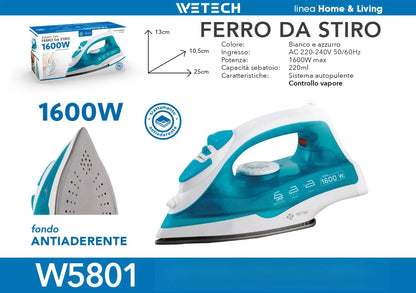 Ferro da stiro elettrico a vapore WETECH, serie W5801‑W5806, potenza massima 1200‑2200W, ideale per la stiratura dei capi, con funzione di autopulizia, controllo del vapore regolabile, piastra in acciaio/ceramica/antisciv