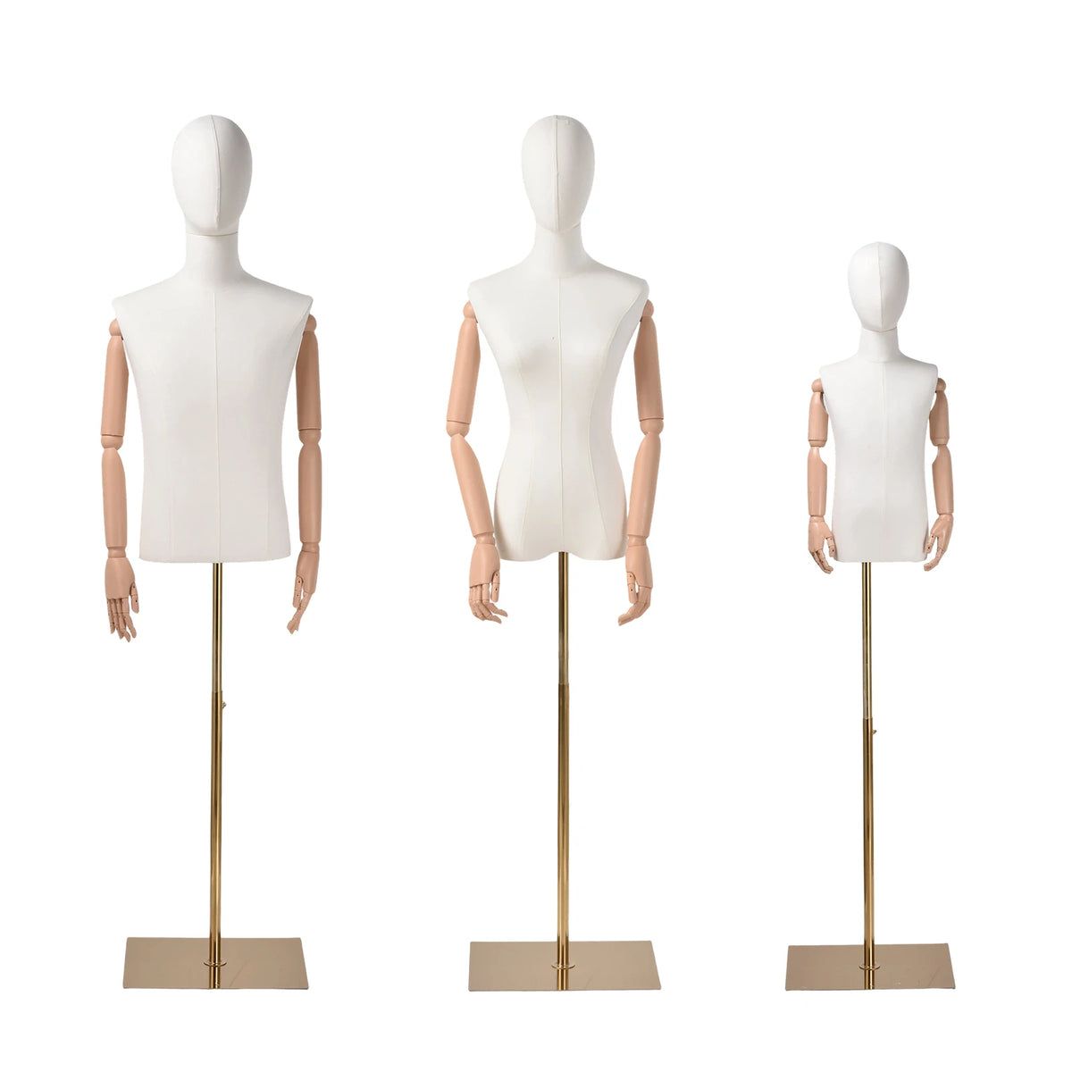 Manichino Regolabile per Sartoria ed Esposizione, Torso Femminile con Testa e Braccia Staccabili, Supporto Dorato Regolabile in Altezza, con Rivestimento in Lino, per Abbigliamento Donna, Uomo, Bambino e Esposizione Gioielli