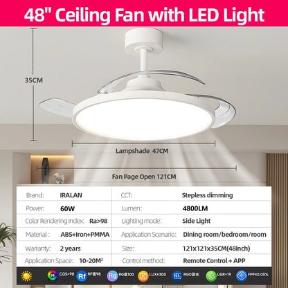Ventilatore da soffitto semplice con luce Ventilatore elettrico intelligente retrattile Grande ventilatore per sala da pranzo per la casa Apparecchi decorativi da 42/48 pollici