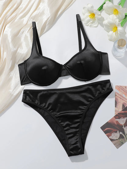 Set di Lingerie di Lusso in Raso per Donne, 2 Pezzi, Reggiseno a 3/4 Coperture e Slip, Effetto Seta Lucida, Sexy Set Intimo Nero MR2938