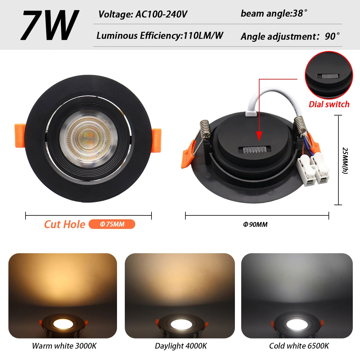 Faretto Orientabile 7W con Regolazione Colore 3000K 4000K 6000K, Illuminazione CCT 7W, Sostituzione Downlight per Illuminazione Direzionale Domestica (1-10 Pezzi)