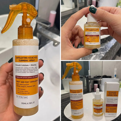 Set per la Cura della Pelle con Spray ed Siero Esfoliante all'Acido Kojico e Curcuma, Esfoliazione Delicata, Migliora il Tono Opaco, Kit Illuminante e Levigante
