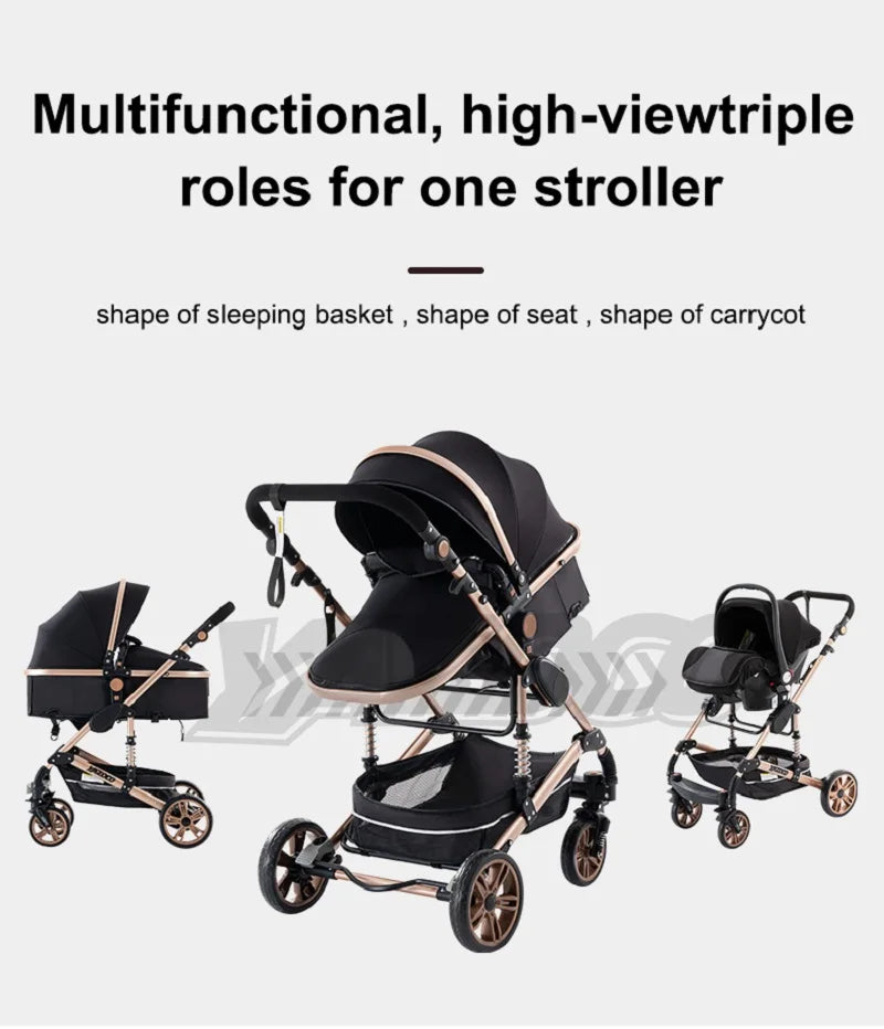 Passeggino 3 in 1 Facile da piegare Telaio in alluminio ad alto paesaggio Passeggino neonato con ruota in gomma per assorbimento degli urti a quattro ruote