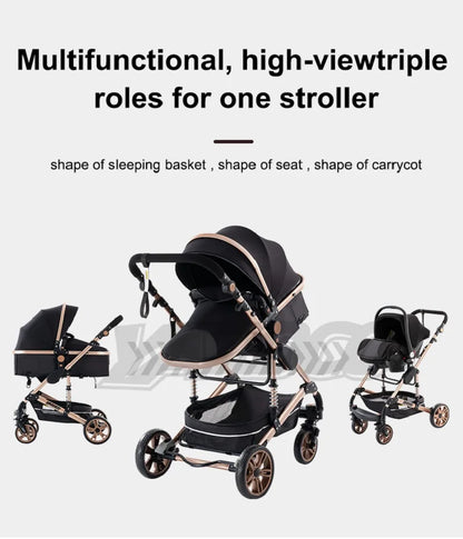 Passeggino 3 in 1 Facile da piegare Telaio in alluminio ad alto paesaggio Passeggino neonato con ruota in gomma per assorbimento degli urti a quattro ruote