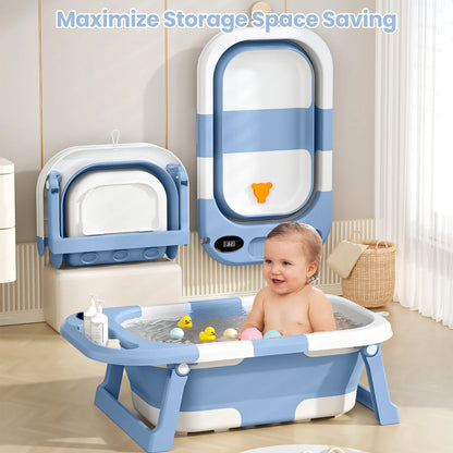 Vasca da bagno per neonati con foro di scarico, pieghevole, con cuscino morbido, portatile da viaggio, antiscivolo integrato