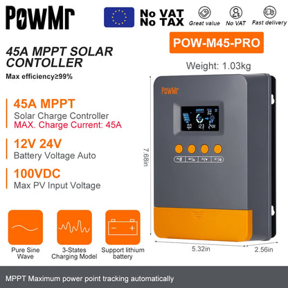 PowMr EU MPPT 45A 35A 25A Regolatore di carica solare 12V 24V Auto 100V Regolatore di pannello Regolatore Piombo-acido/Batteria al litio