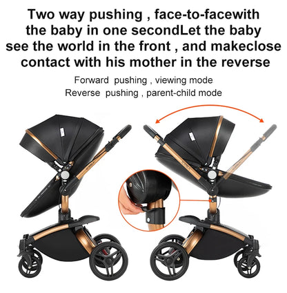 Sistema di trasporto per bambini 3 in 1 con seggiolino auto per neonati e navicella, passeggino pieghevole reversibile a 360 gradi, carrozzina alta per neonati fino a 3 anni, cintura di sicurezza a 5 punti, tettuccio in pelle