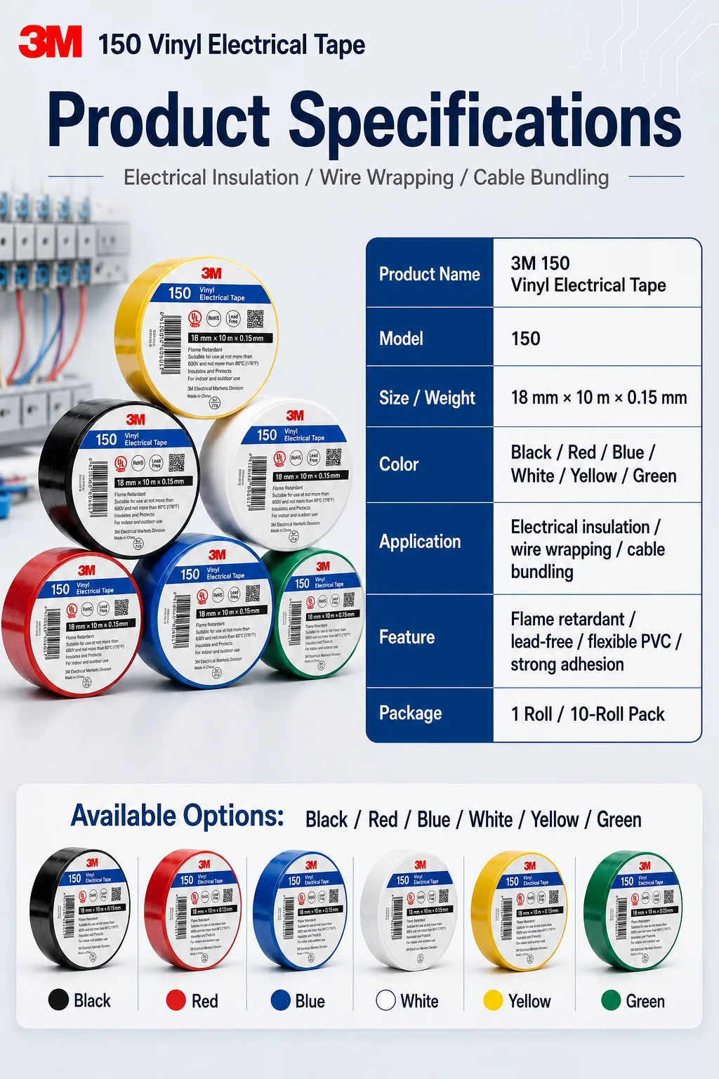 Nastro isolante in PVC 3M 150, ignifugo, senza piombo, per la riparazione di cavi e fili elettrici, 6 colori, 18mmx10m