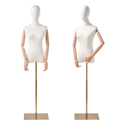 Manichino Regolabile per Sartoria ed Esposizione, Torso Femminile con Testa e Braccia Staccabili, Supporto Dorato Regolabile in Altezza, con Rivestimento in Lino, per Abbigliamento Donna, Uomo, Bambino e Esposizione Gioielli