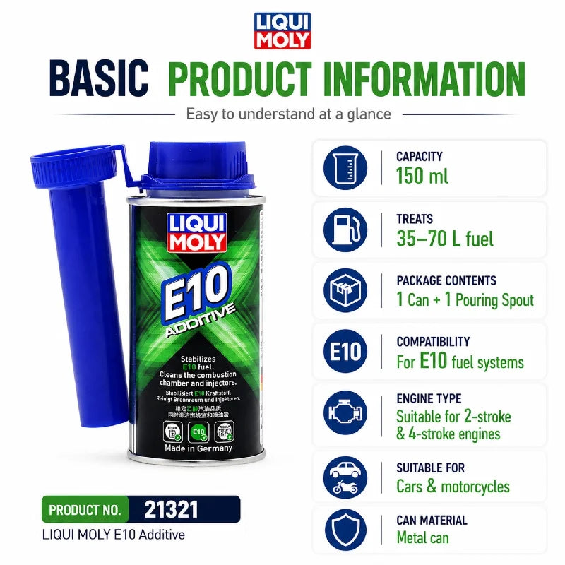LIQUI MOLY E10 Additivo 21321 150ml Pulitore per Sistema di Alimentazione Benzina Cura degli Iniettori per Auto e Moto