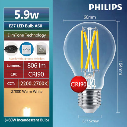 Philips Master E27 A60 Lampadina a filamento LED Lampade trasparenti 5,9 W (=60 W Incandesce) 220-240 V DimTone LED dimmerabile per interni Luce domestica CRI90