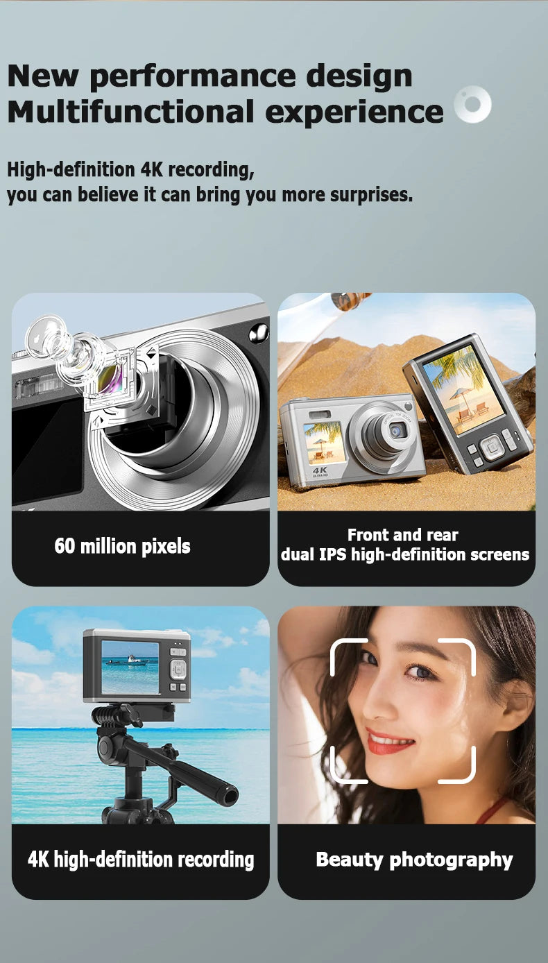 Fotocamera digitale 4K con doppio schermo, obiettivo telescopico, zoom ottico 16x ad alta definizione, fotocamera impermeabile, ideale per selfie, per migliorare l’aspetto, per uso domestico, modello C23.