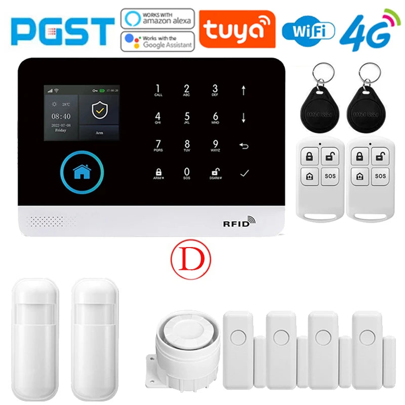 Sistema di allarme domestico PGST, 4G, WIFI, GSM, allarme di sicurezza, antifurto con sensore di movimento per porte, controllo tramite l'app Tuya Smart, compatibile con