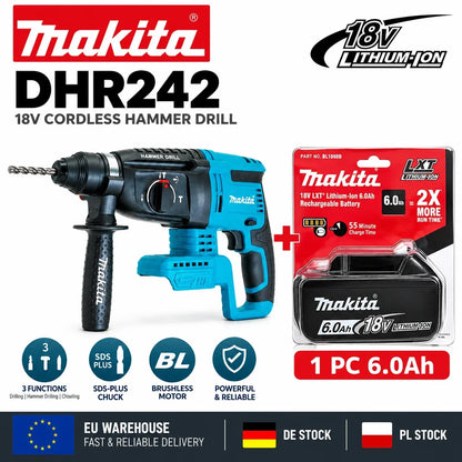 Trapano a percussione rotante senza fili Makita DHR242 18V, capacità per calcestruzzo 24mm, SDS Plus 4700 IPM 2.0J, utensile da costruzione per impieghi gravosi a 3 modalità, compatibile con BL1860B BL1850B BL1815, spedizio