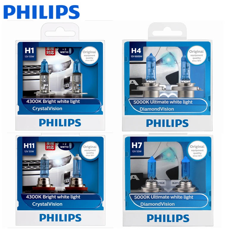 Philips H4 H7 H11 HB3 HB4 H8 H1 H3 9005 Crystal Vision Faro alogeno per auto 4300K Bianco brillante 5000K Diamond Vision Lampade automatiche